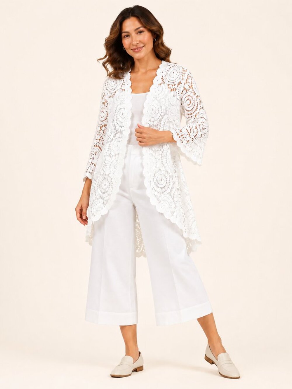 Nina Leonard White Crochet Bell Sleeve High Low Cardigan NWOT